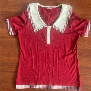 Red and White Striped Collar Women's Top